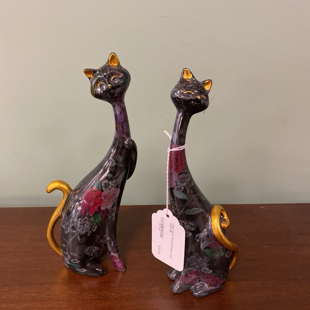 Deco Style Floral Ceramic Cats PAIR