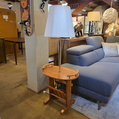 Wood Spindle Rim Table w/ Storage Rack & Lamp