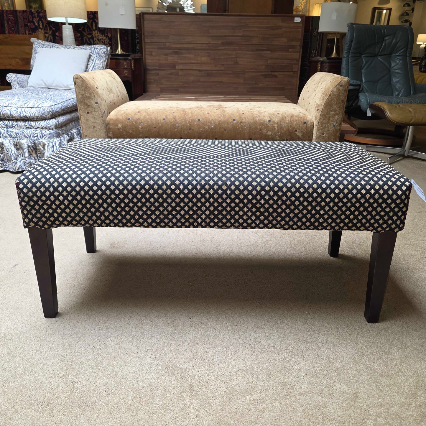 Oblong B&W Crisscross Pattern Upholstered Bench