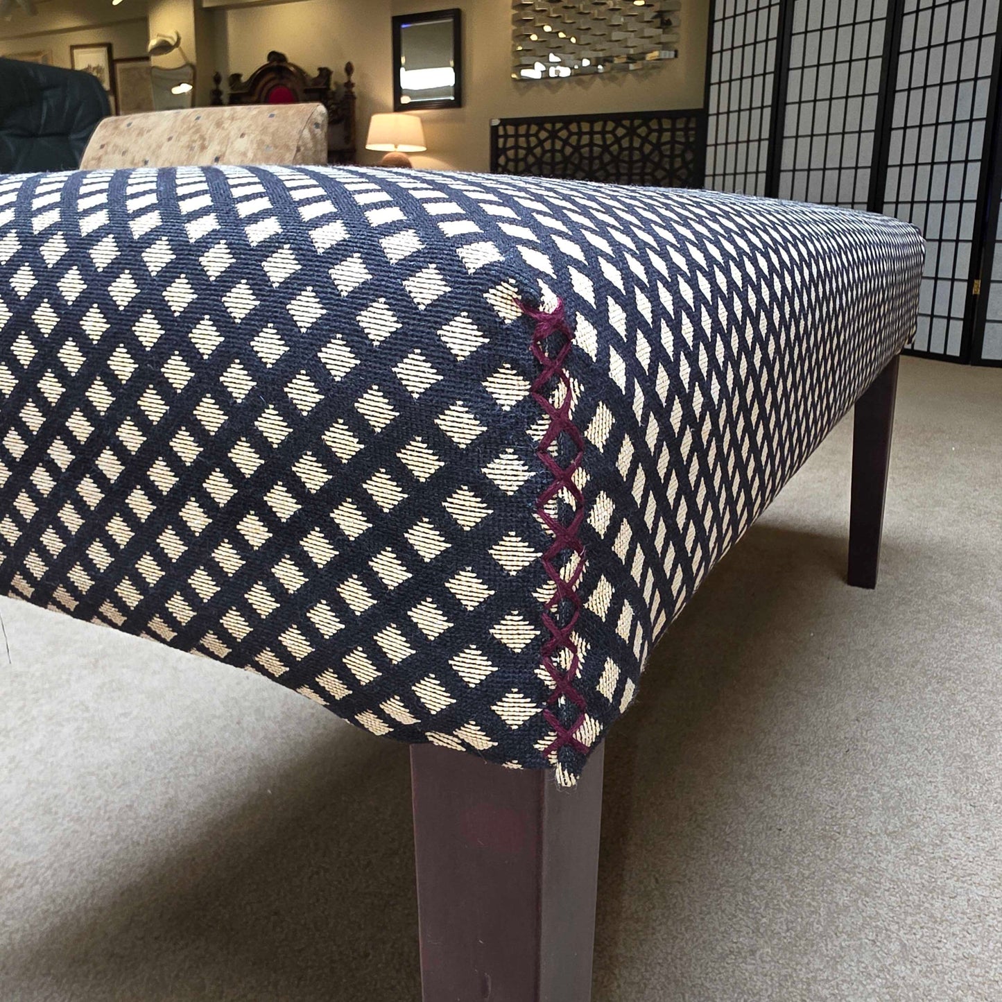 Oblong B&W Crisscross Pattern Upholstered Bench