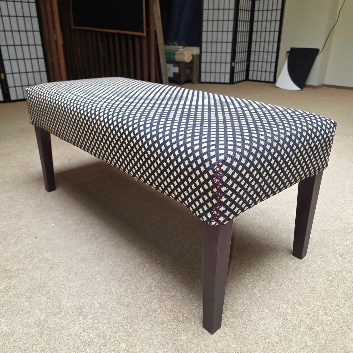 Oblong B&W Crisscross Pattern Upholstered Bench