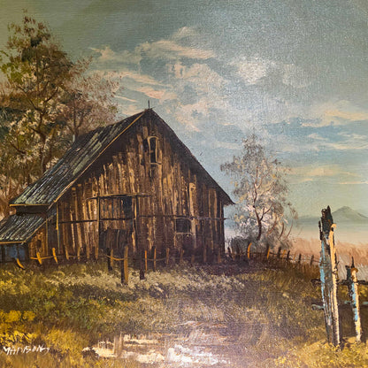 Cabin with Clouds and Stump Fence Art