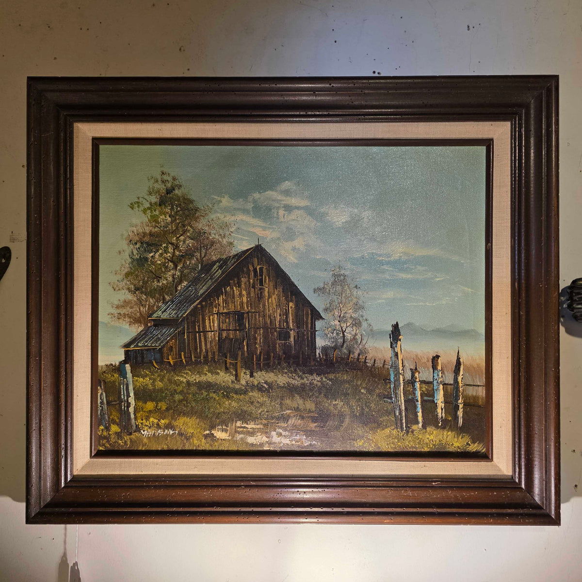 Cabin with Clouds and Stump Fence Art