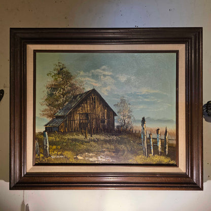 Cabin with Clouds and Stump Fence Art