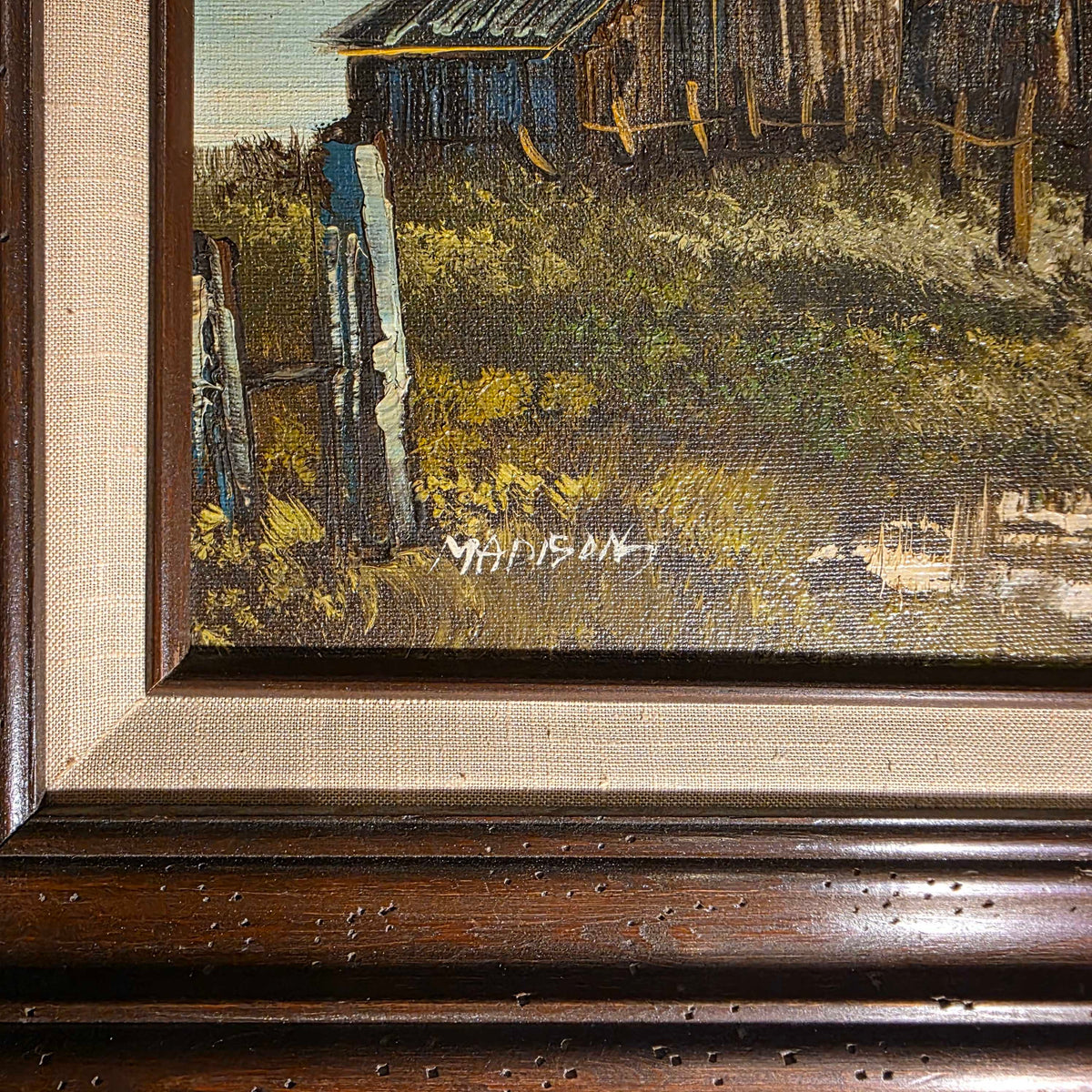 Cabin with Clouds and Stump Fence Art