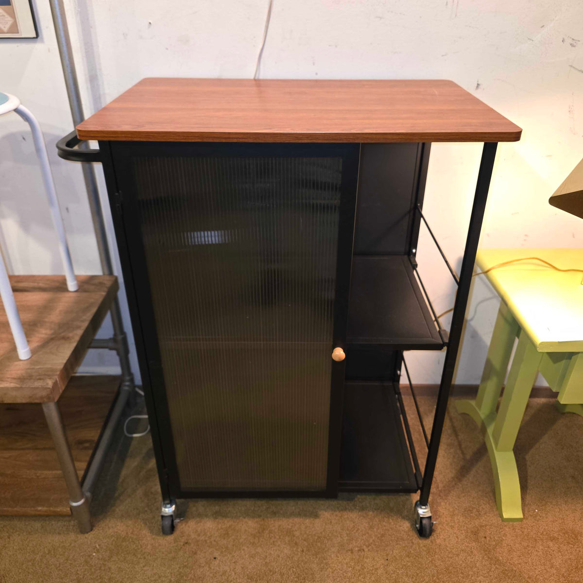 Rolling Black Bar Cart with Door & Wooden Top