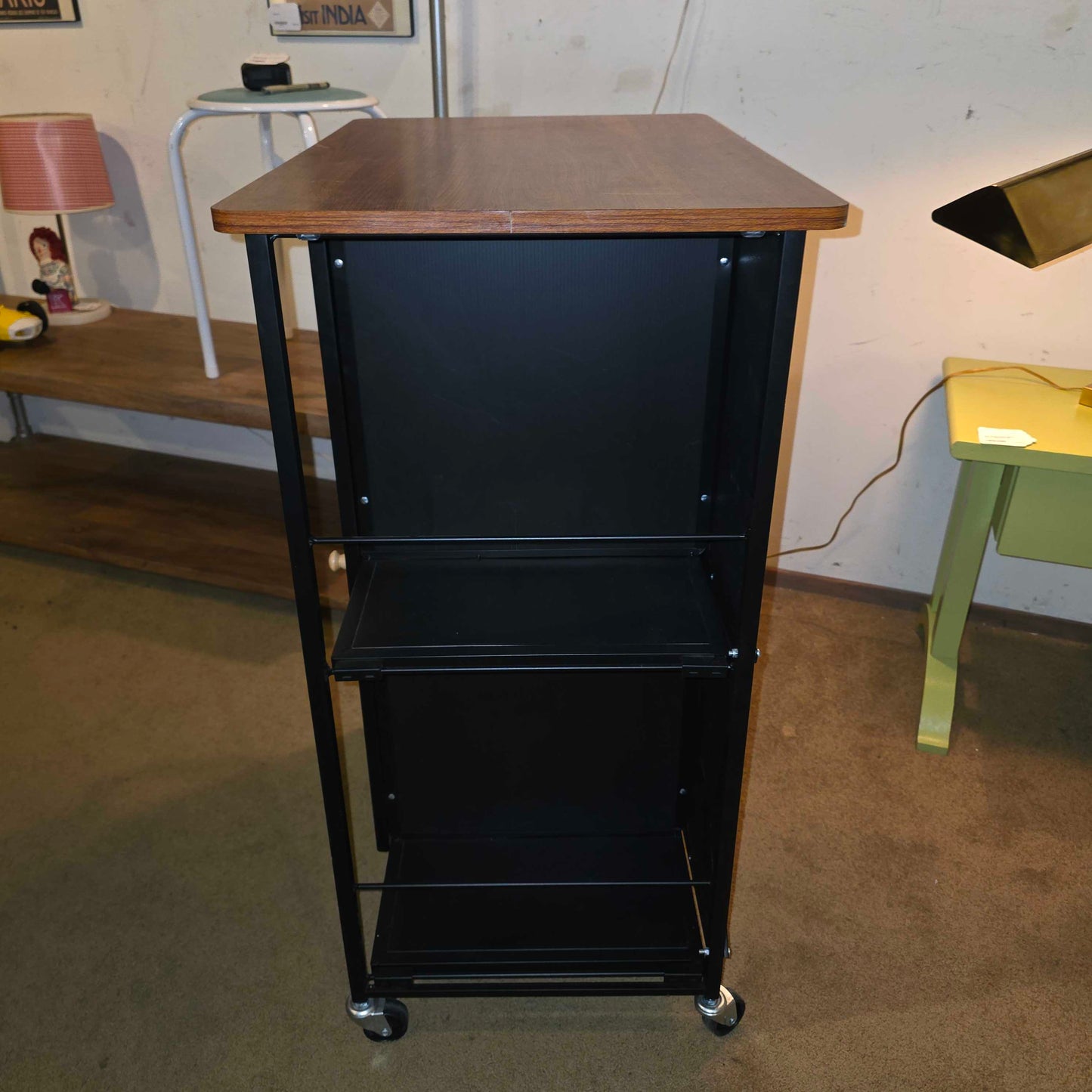 Rolling Black Bar Cart with Door & Wooden Top