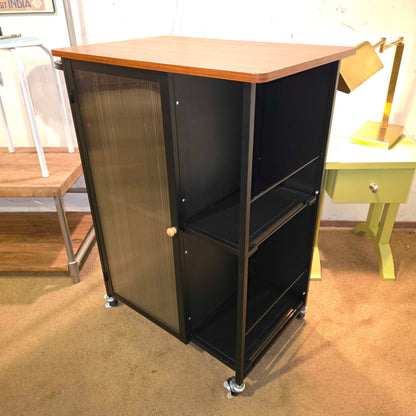 Rolling Black Bar Cart with Door & Wooden Top