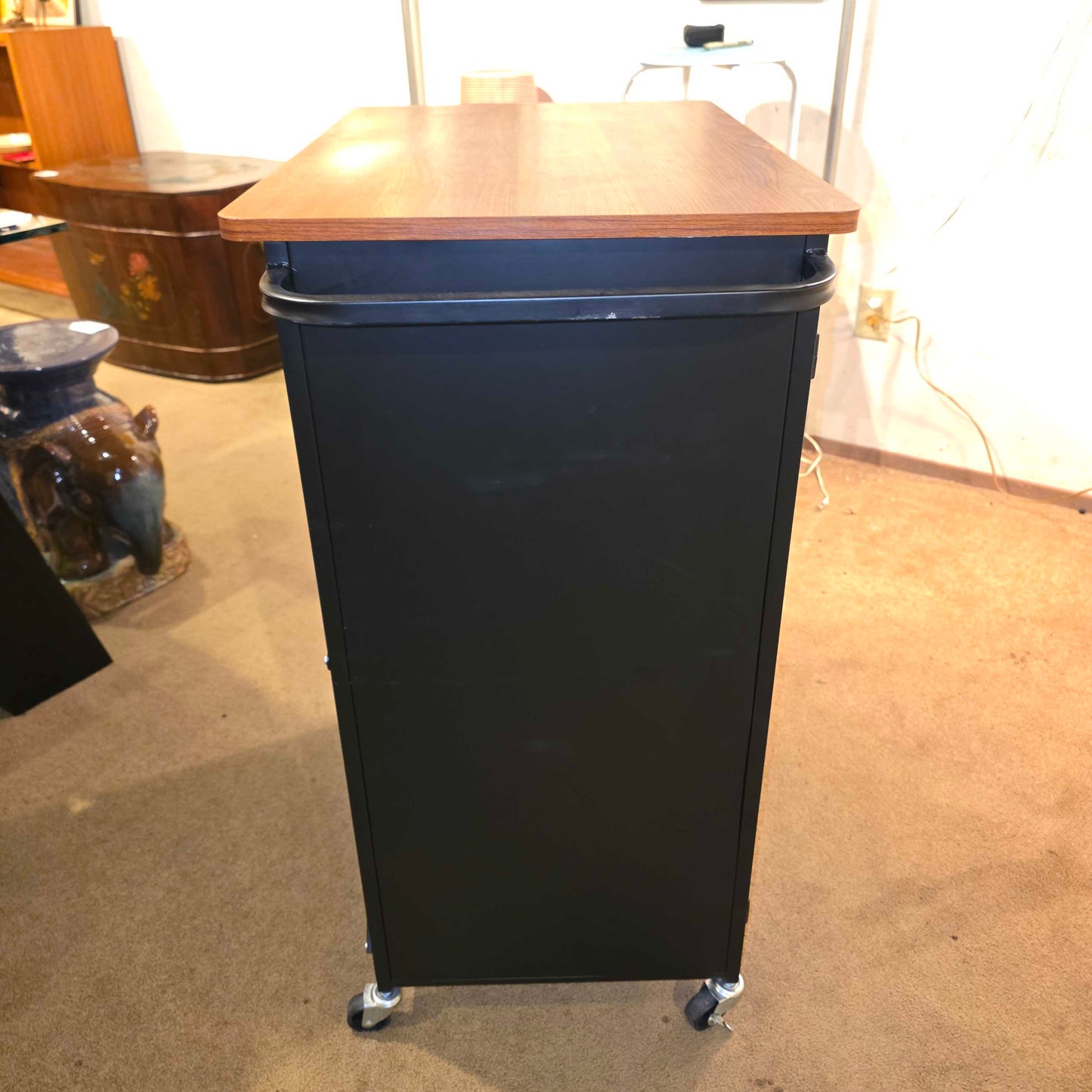 Rolling Black Bar Cart with Door & Wooden Top