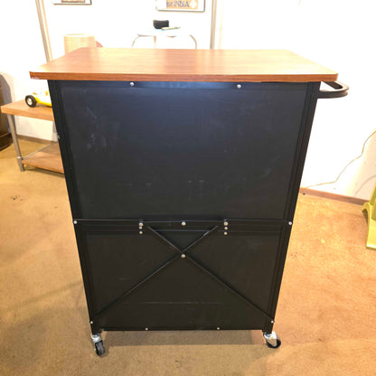 Rolling Black Bar Cart with Door & Wooden Top