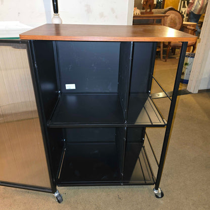 Rolling Black Bar Cart with Door & Wooden Top