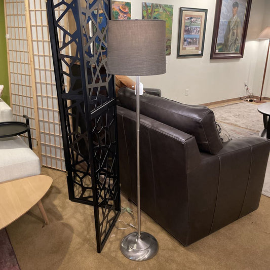 Silver Metal Floor Lamp with Round Base & Grey Shade