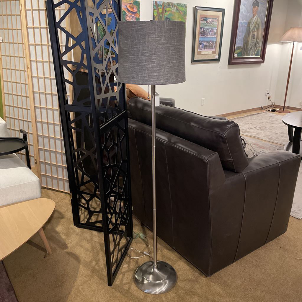Silver Metal Floor Lamp with Round Base & Grey Shade LAMPS
