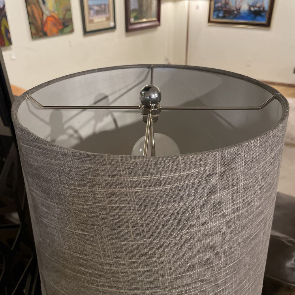 Silver Metal Floor Lamp with Round Base & Grey Shade LAMPS