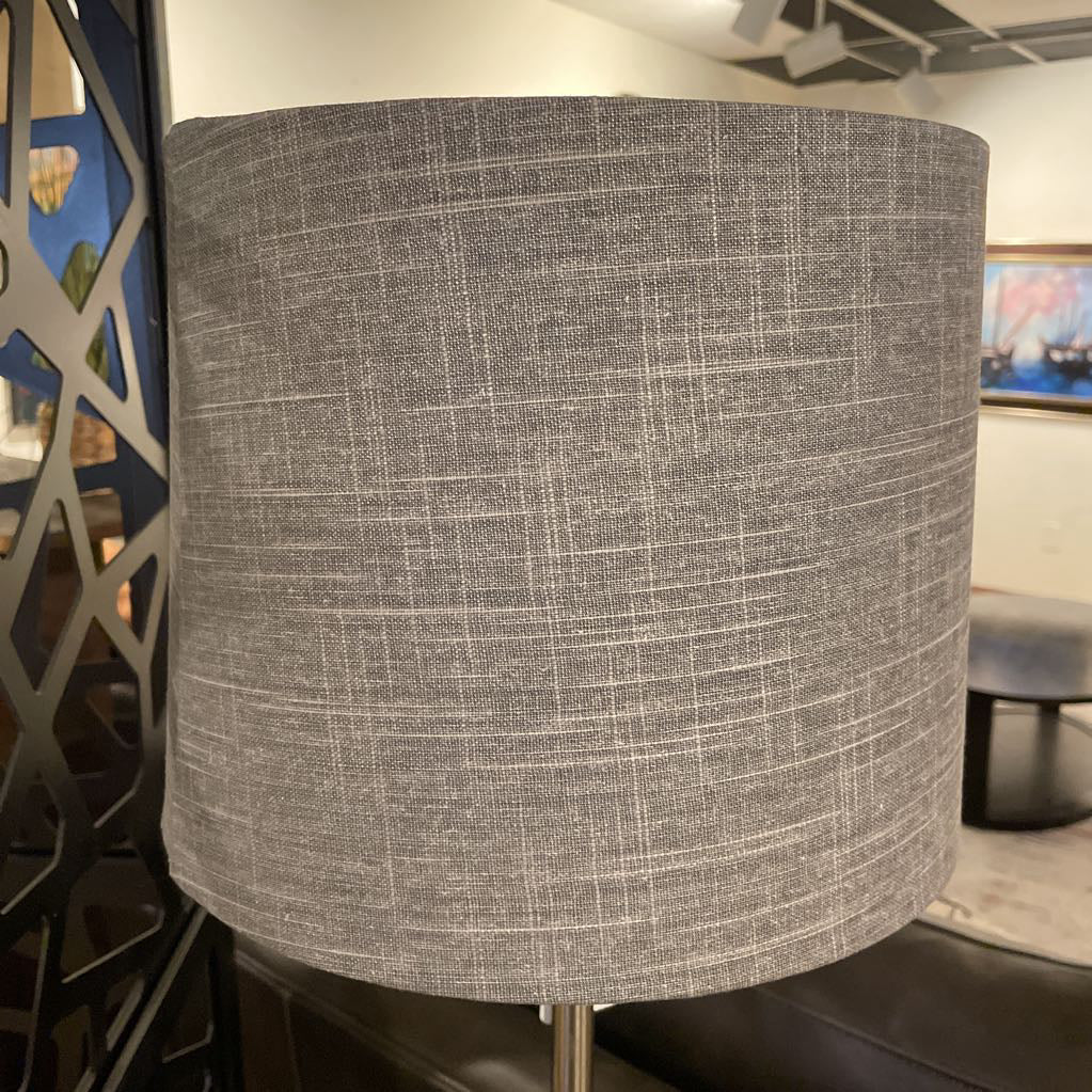 Silver Metal Floor Lamp with Round Base & Grey Shade LAMPS