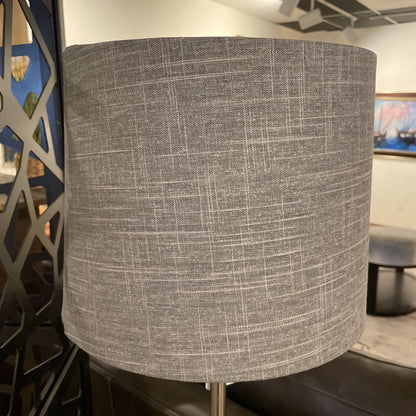 Silver Metal Floor Lamp with Round Base & Grey Shade LAMPS