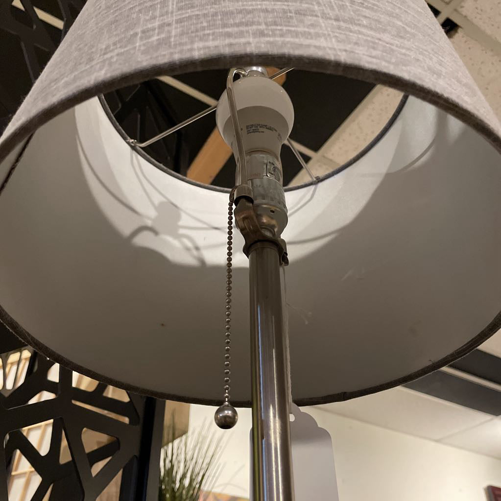 Silver Metal Floor Lamp with Round Base & Grey Shade LAMPS