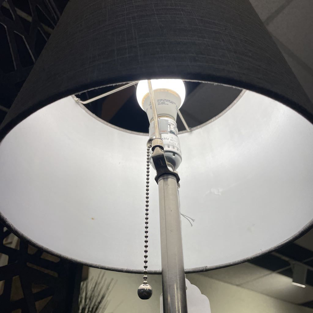 Silver Metal Floor Lamp with Round Base & Grey Shade LAMPS