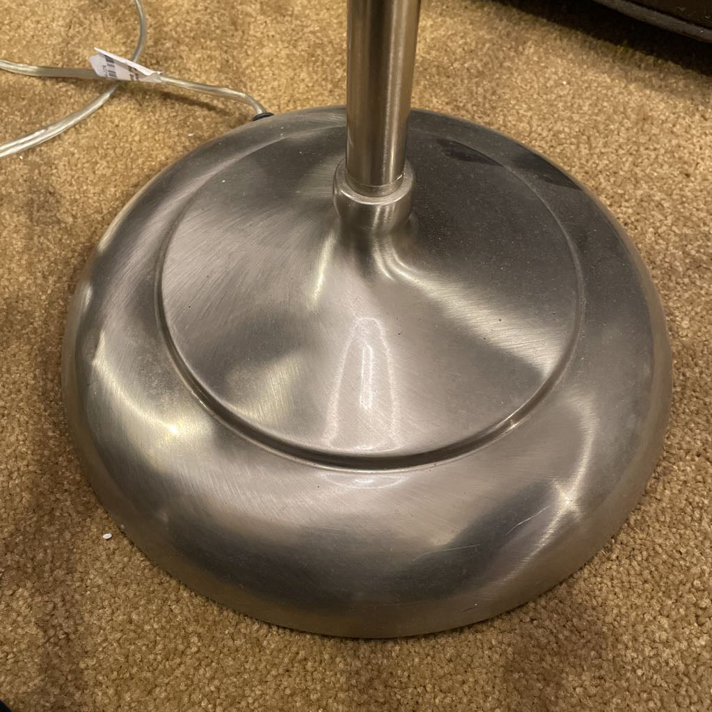 Silver Metal Floor Lamp with Round Base & Grey Shade LAMPS