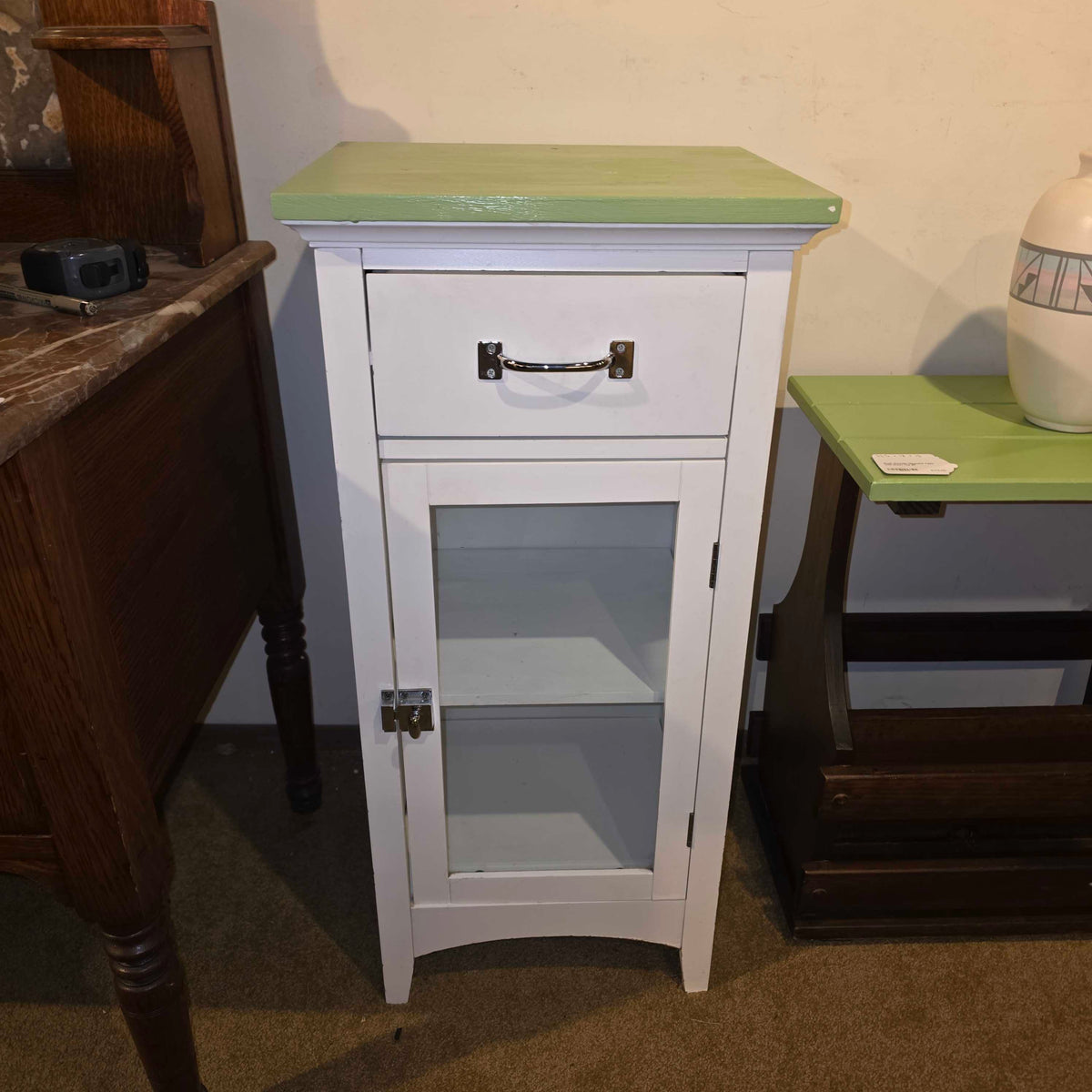 White 1 Drawer Small Cabinet with Glass Door