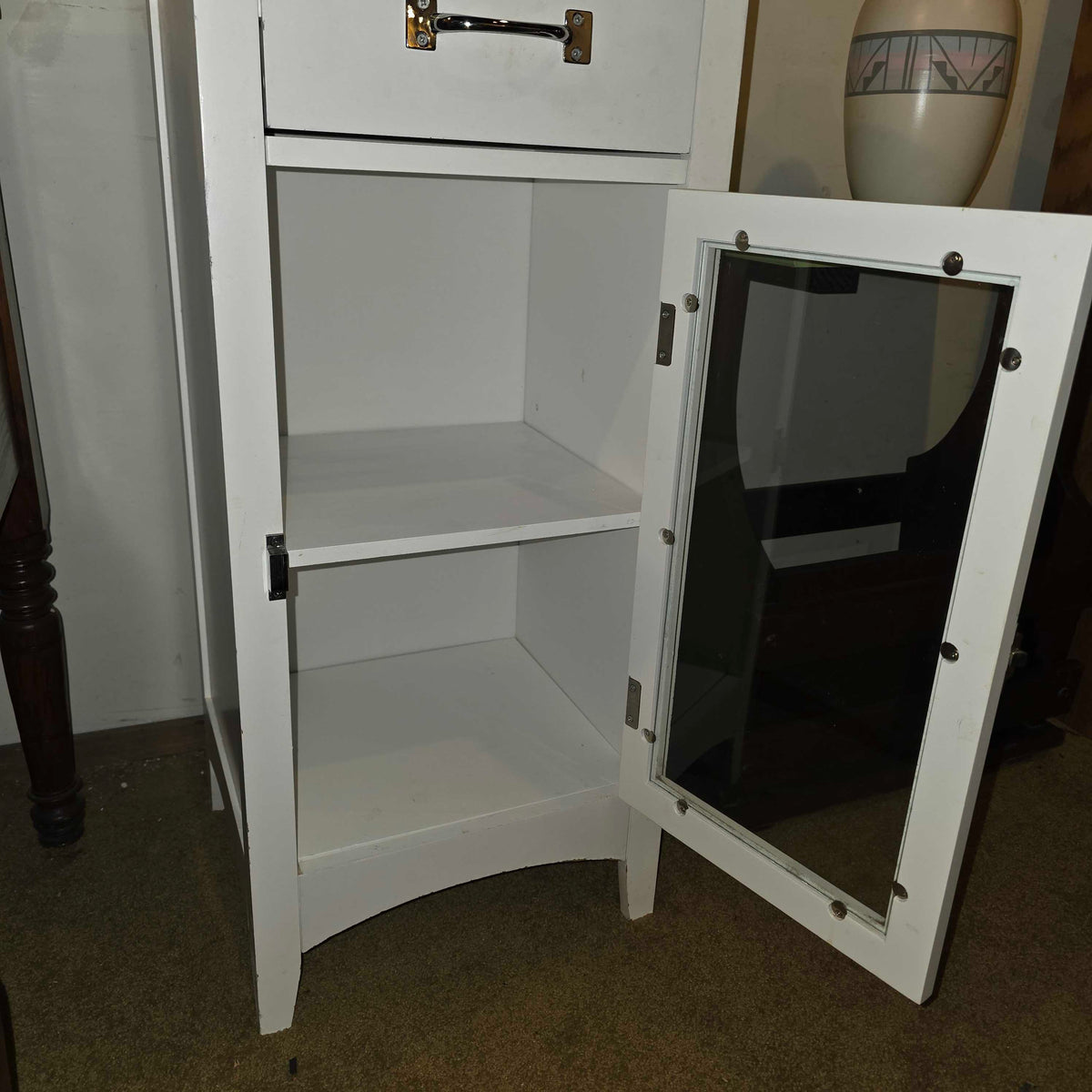 White 1 Drawer Small Cabinet with Glass Door
