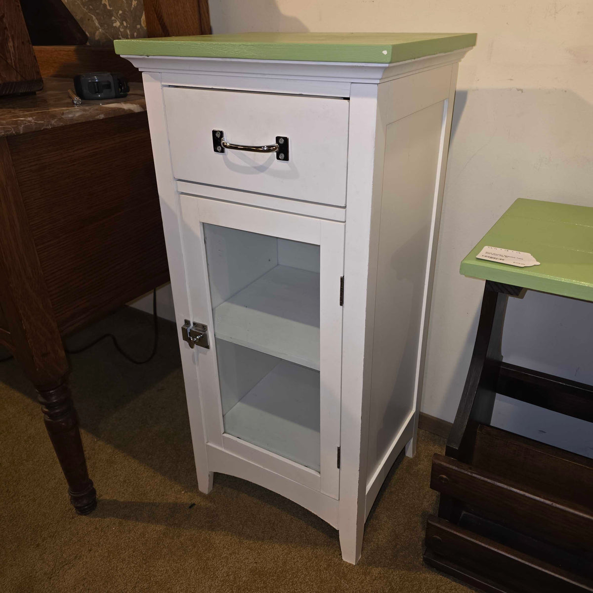 White 1 Drawer Small Cabinet with Glass Door