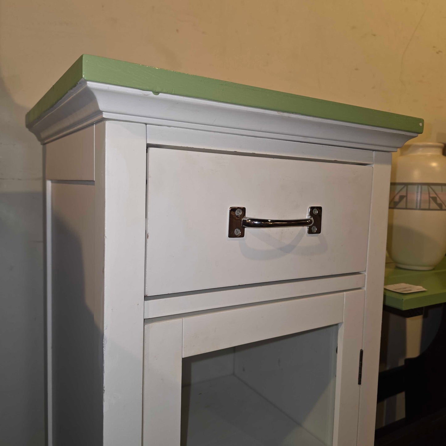 White 1 Drawer Small Cabinet with Glass Door