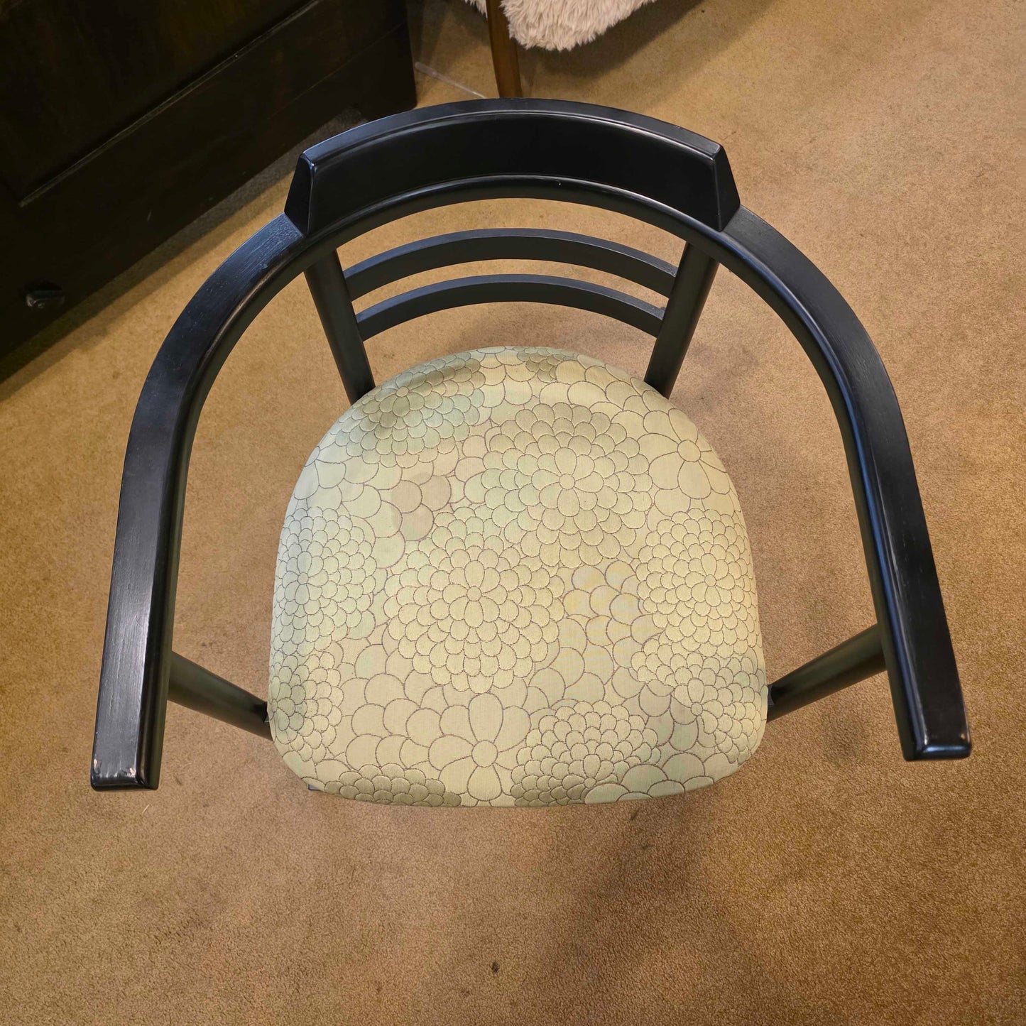 Black Chinoiserie Style Curved Back DIning Chairs w Green Seat set of 4