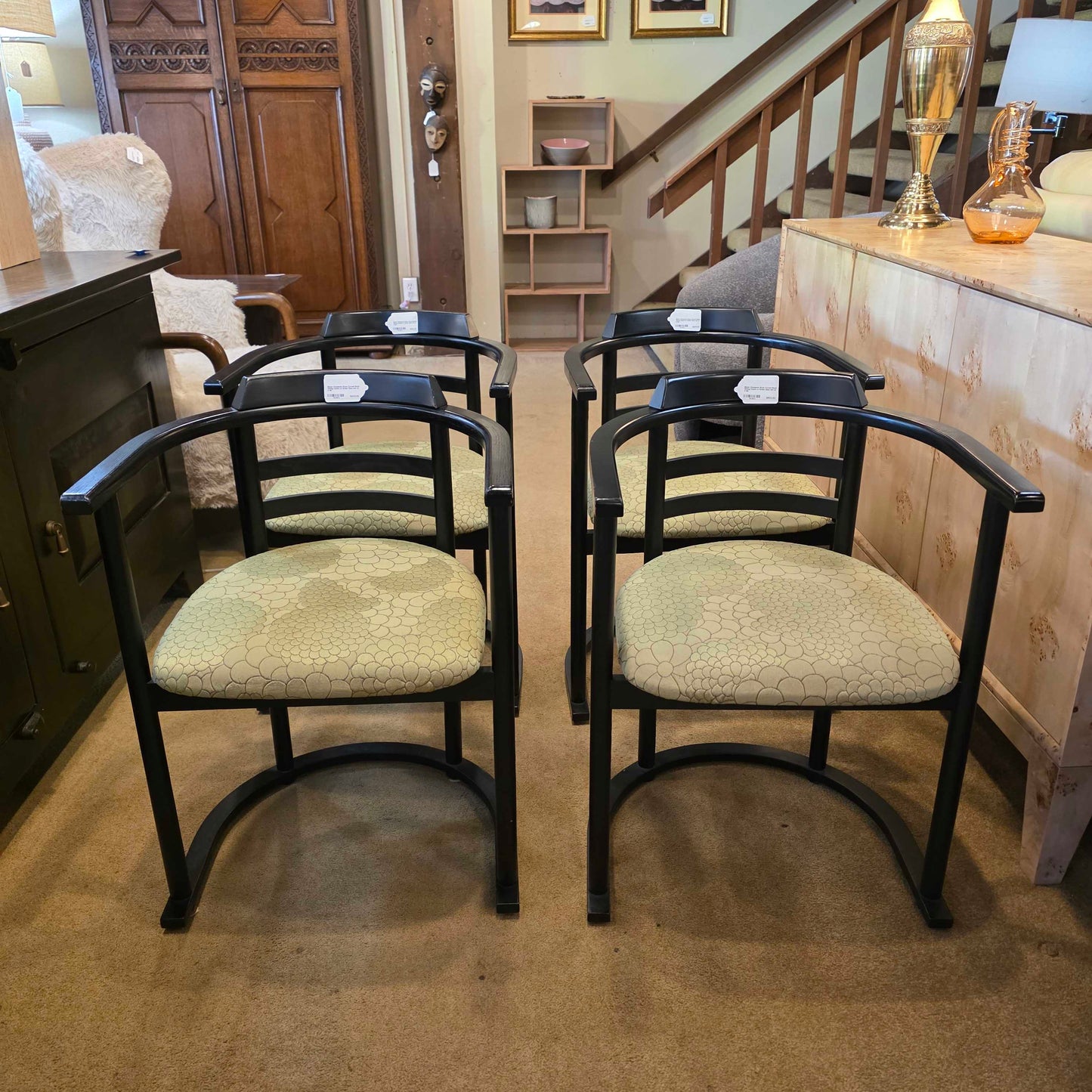 Black Chinoiserie Style Curved Back DIning Chairs w Green Seat set of 4