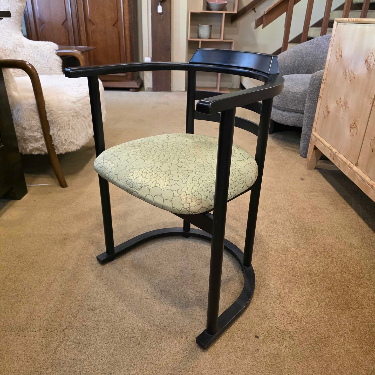 Black Chinoiserie Style Curved Back DIning Chairs w Green Seat set of 4