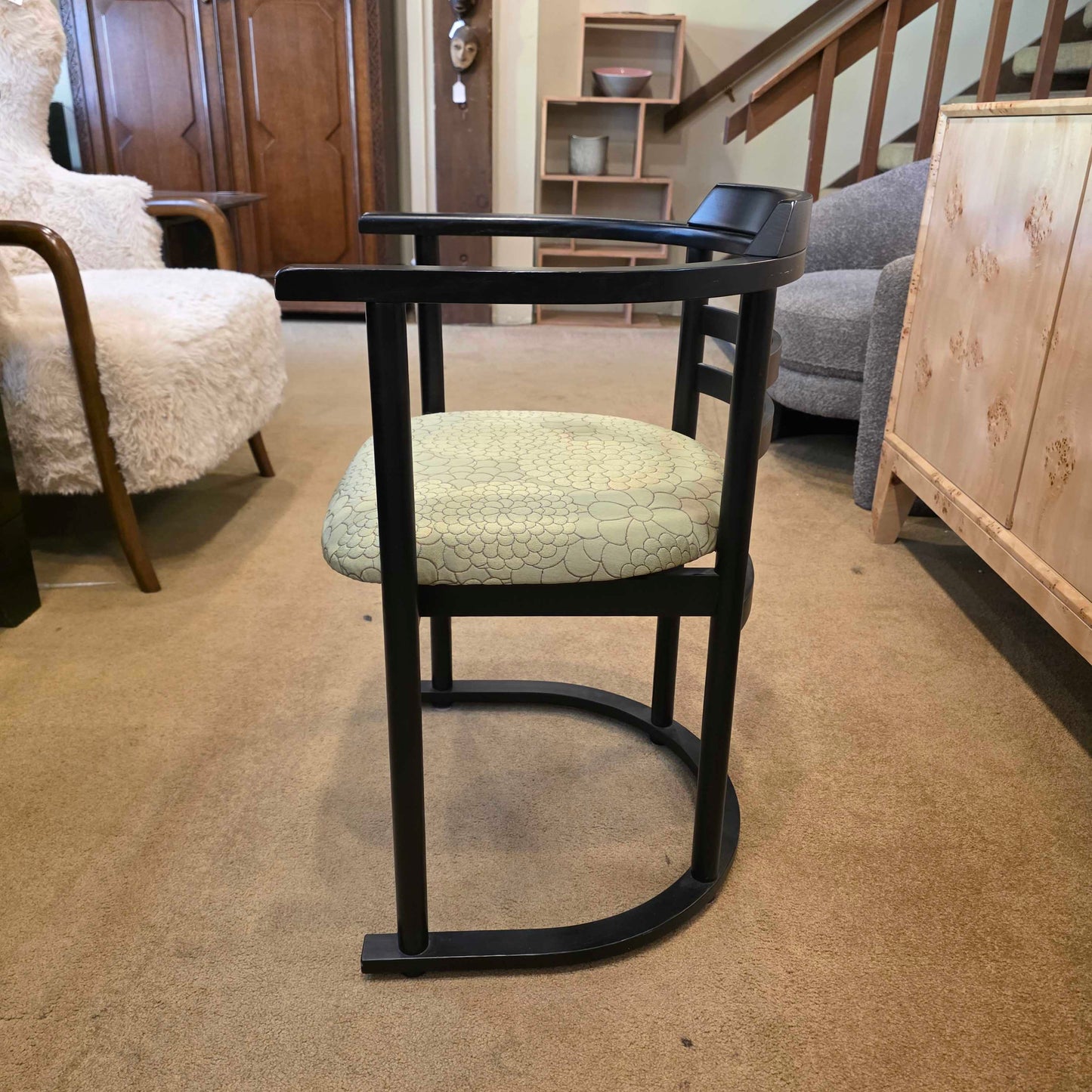 Black Chinoiserie Style Curved Back DIning Chairs w Green Seat set of 4