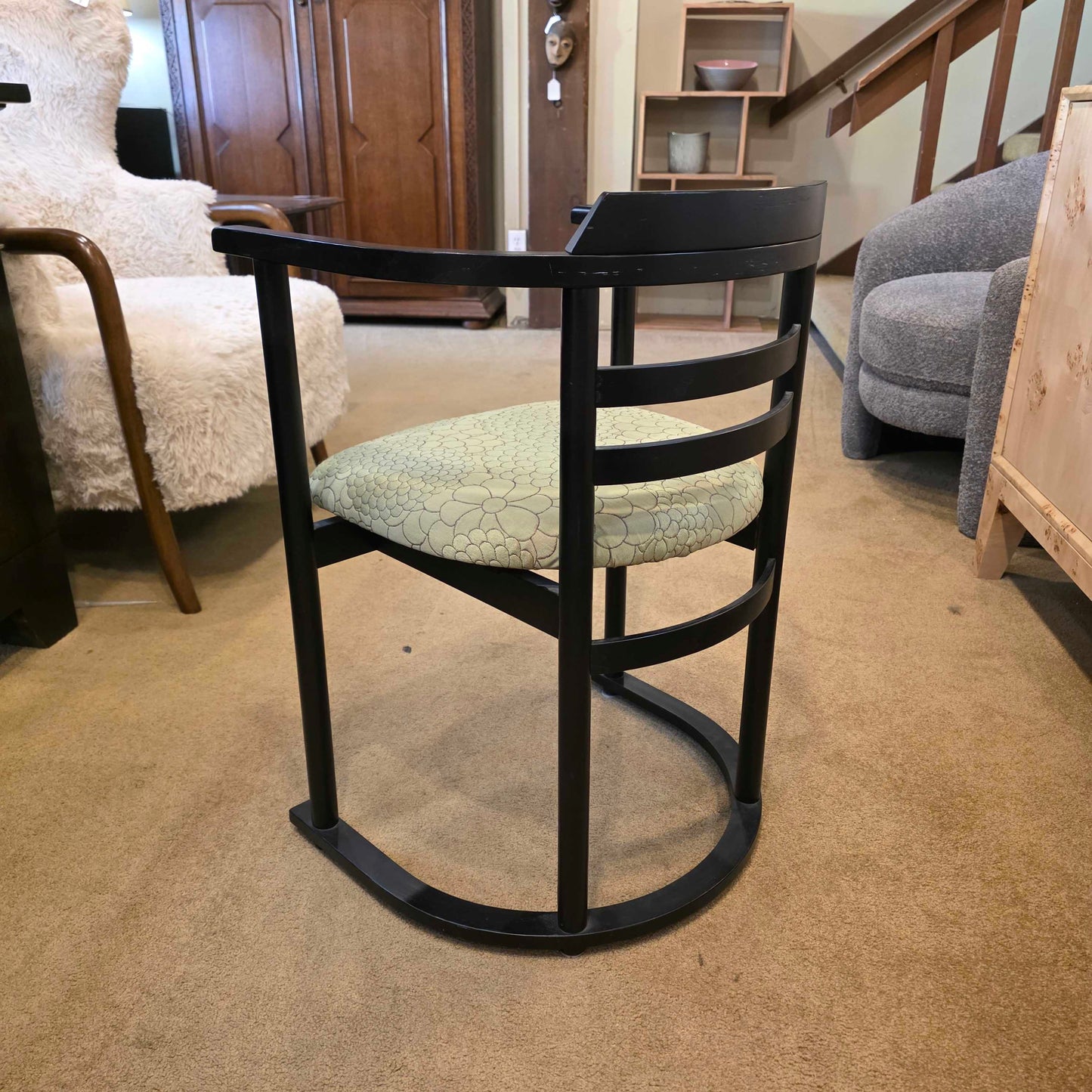 Black Chinoiserie Style Curved Back DIning Chairs w Green Seat set of 4
