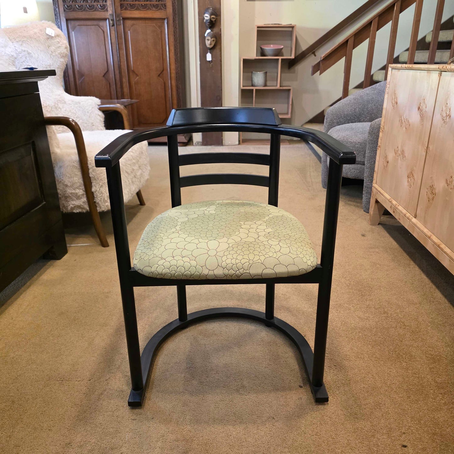 Black Chinoiserie Style Curved Back DIning Chairs w Green Seat set of 4