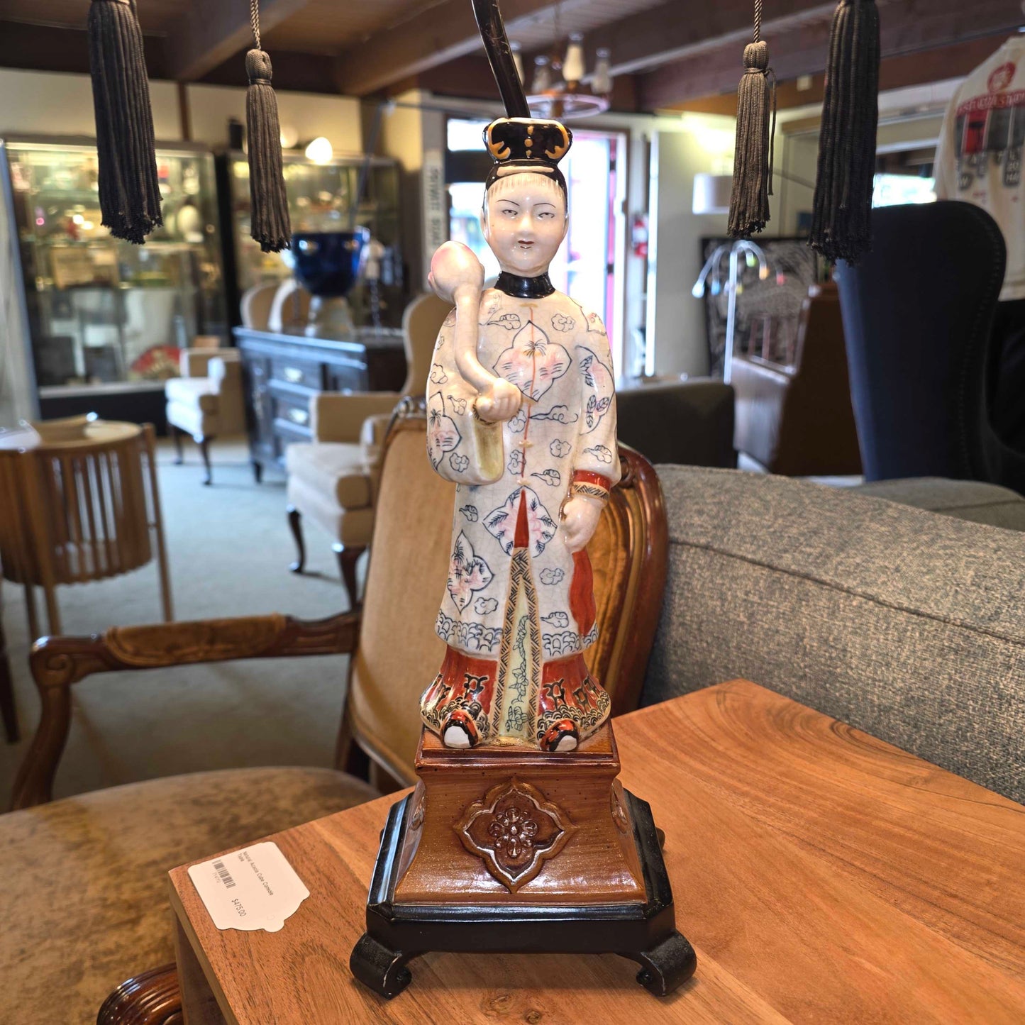 Vintage Asian Figurine Lamp with Tasseled Shade