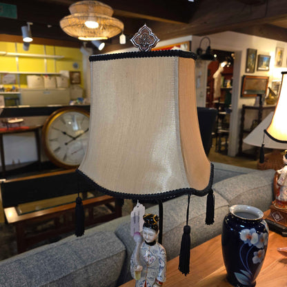 Vintage Asian Figurine Lamp with Tasseled Shade