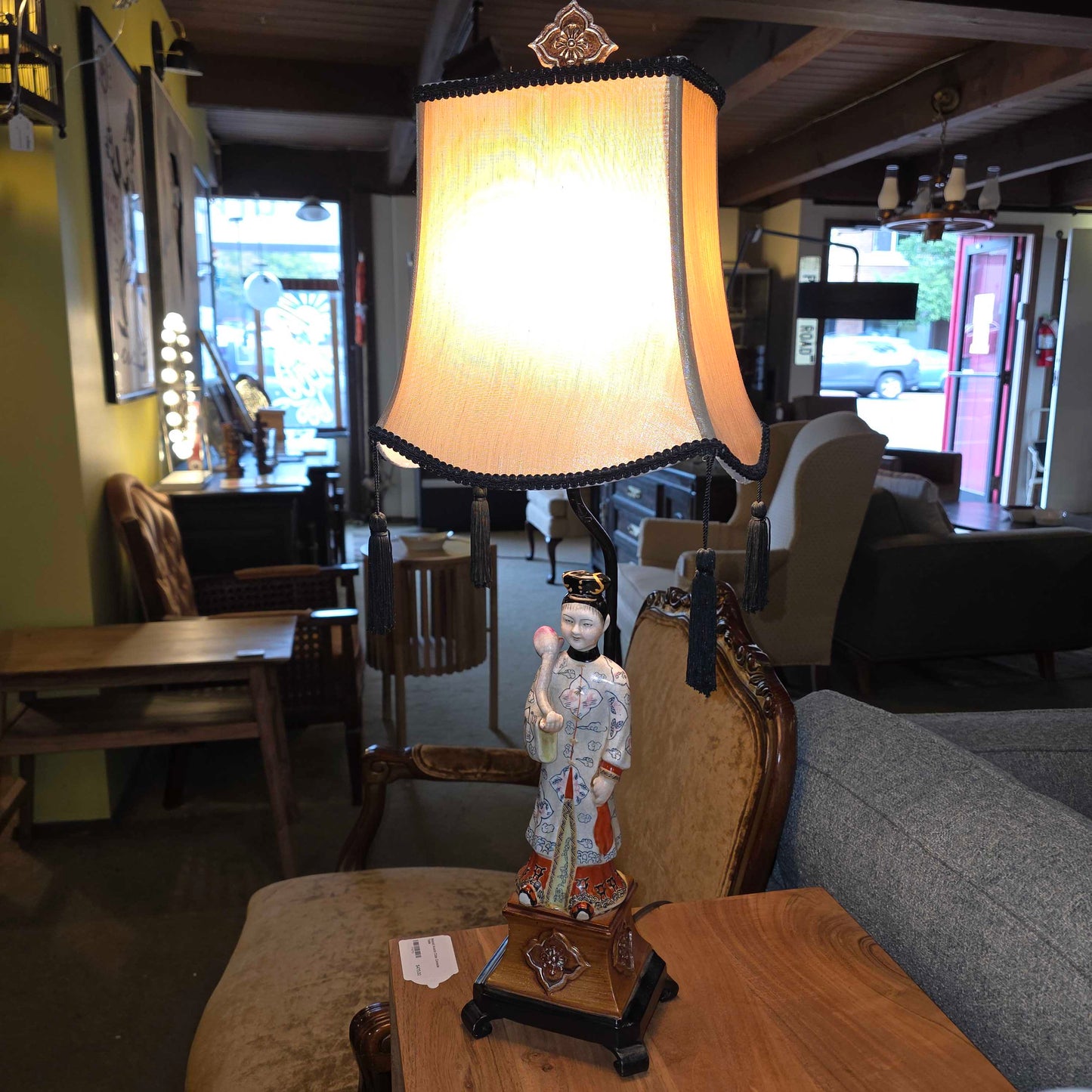 Vintage Asian Figurine Lamp with Tasseled Shade