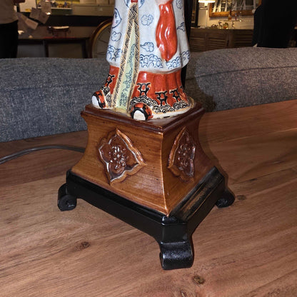 Vintage Asian Figurine Lamp with Tasseled Shade
