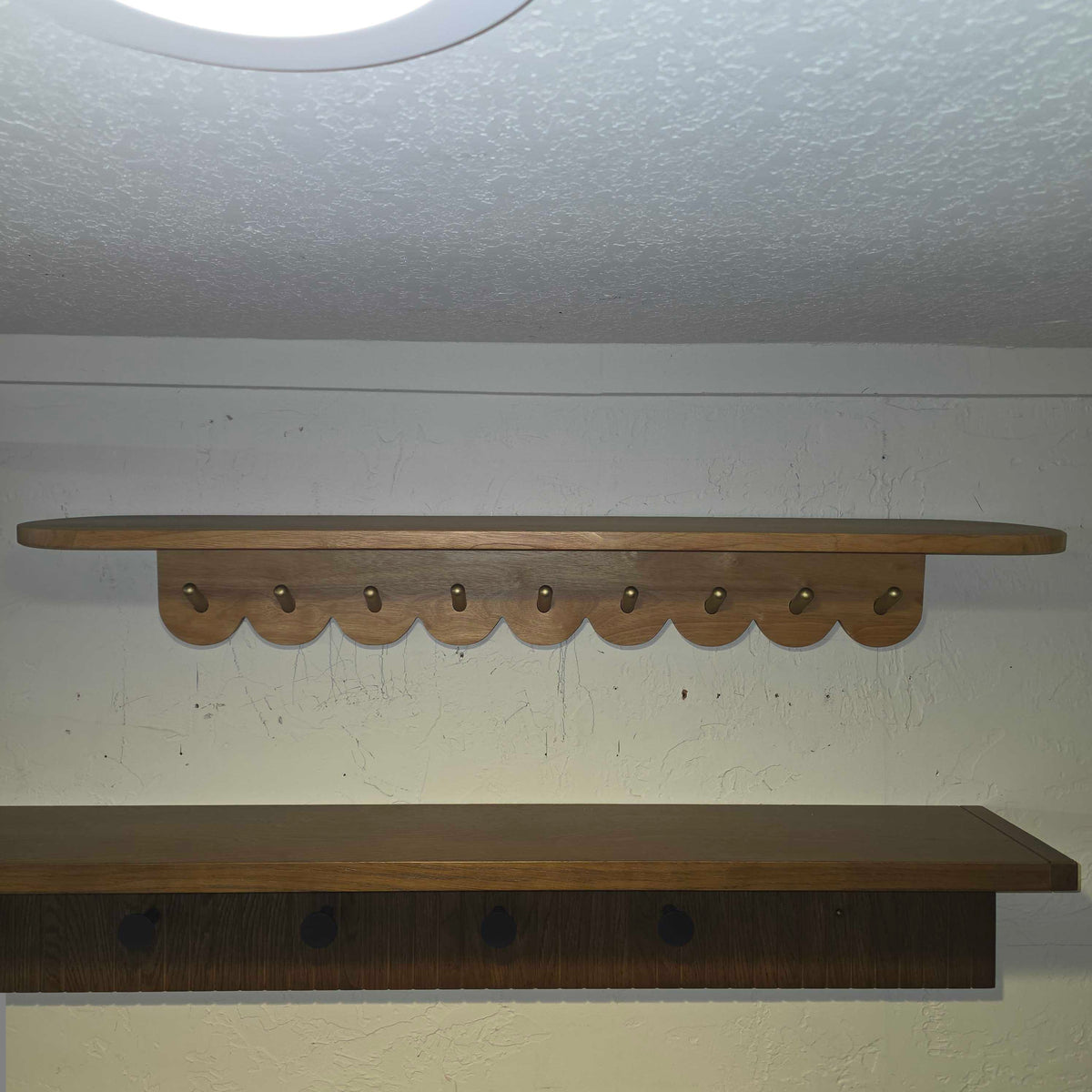 38" Scalloped Brass & Oak Finish Coat Rack Large
