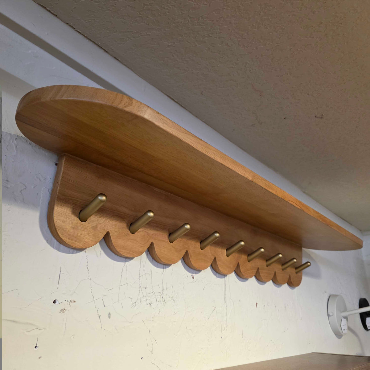 38" Scalloped Brass & Oak Finish Coat Rack Large
