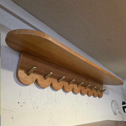38" Scalloped Brass & Oak Finish Coat Rack Large