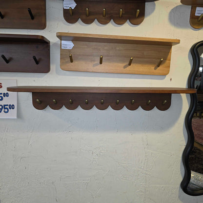 38" Scalloped Walnut Finish & Brass Coat Rack Large