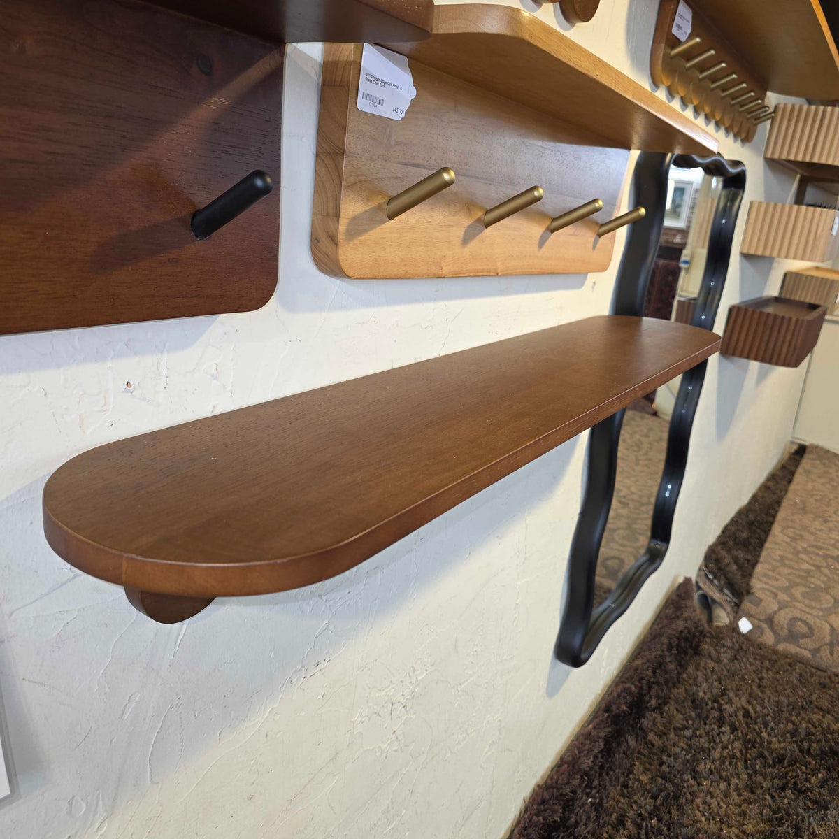 38" Scalloped Walnut Finish & Brass Coat Rack Large