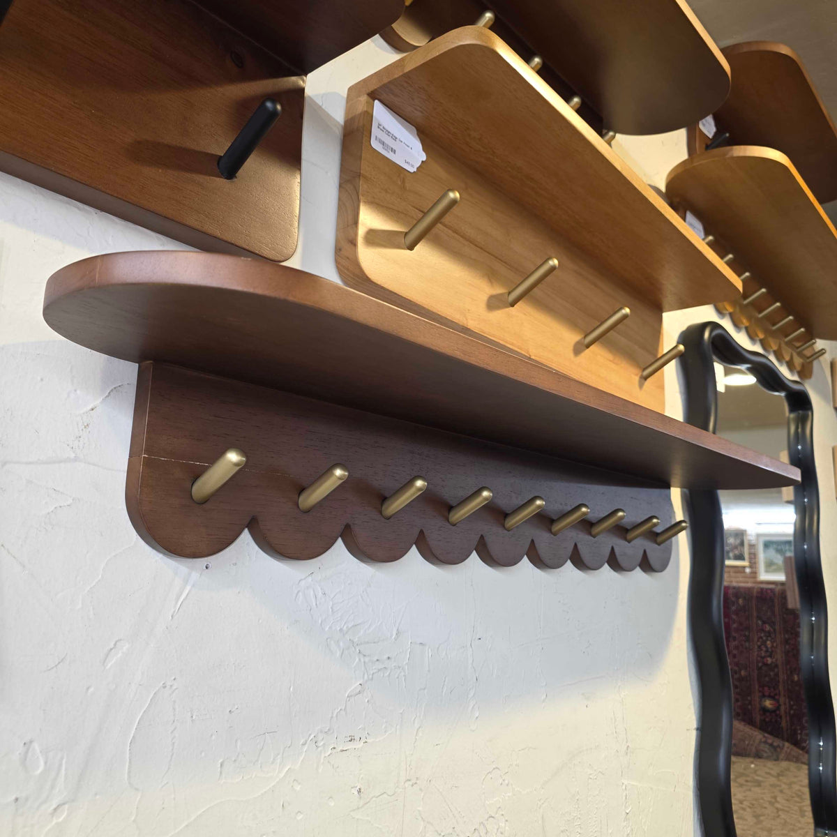 38" Scalloped Walnut Finish & Brass Coat Rack Large