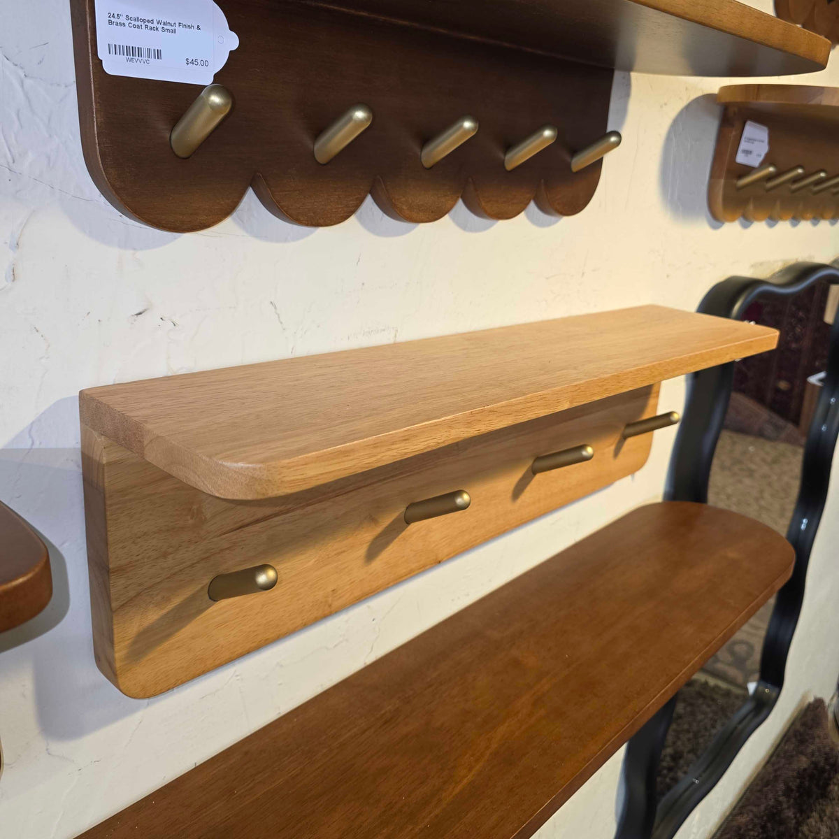 24" Straight-Edge Oak Finish & Brass Coat Rack