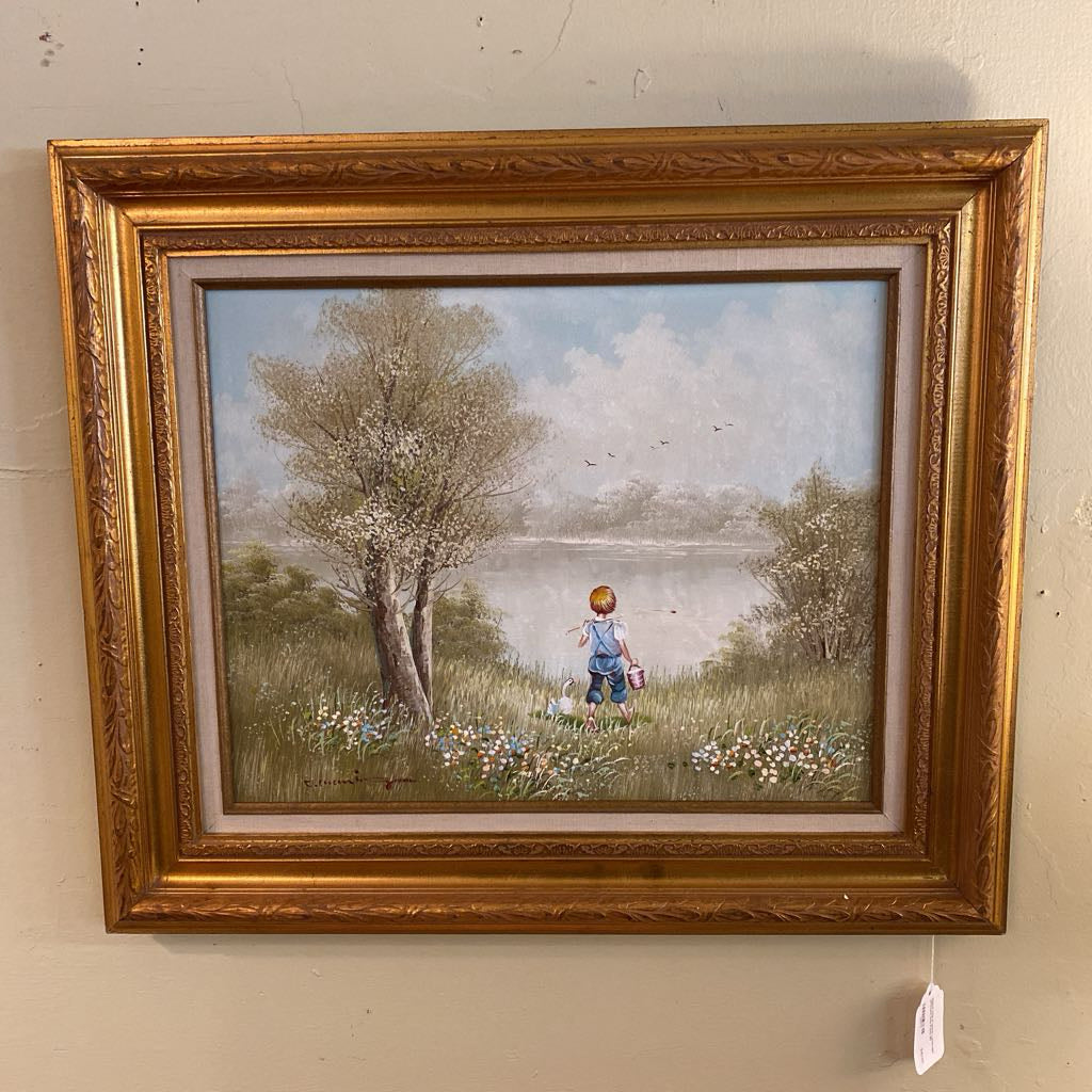 Signed Child & Goose Landscape w/Ornate Gold Frame