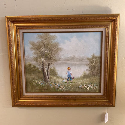 Signed Child & Goose Landscape w/Ornate Gold Frame