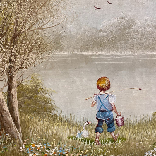 Signed Child & Goose Landscape w/Ornate Gold Frame