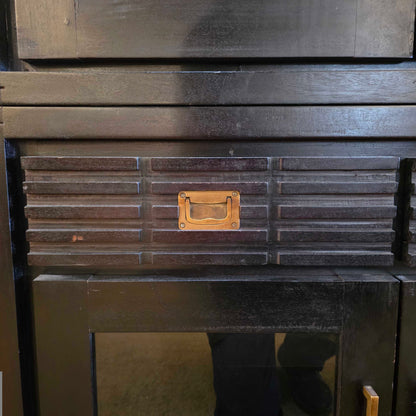 Dark Wood Slatted Drawer and Glass Door Hutch