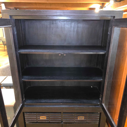Dark Wood Slatted Drawer and Glass Door Hutch