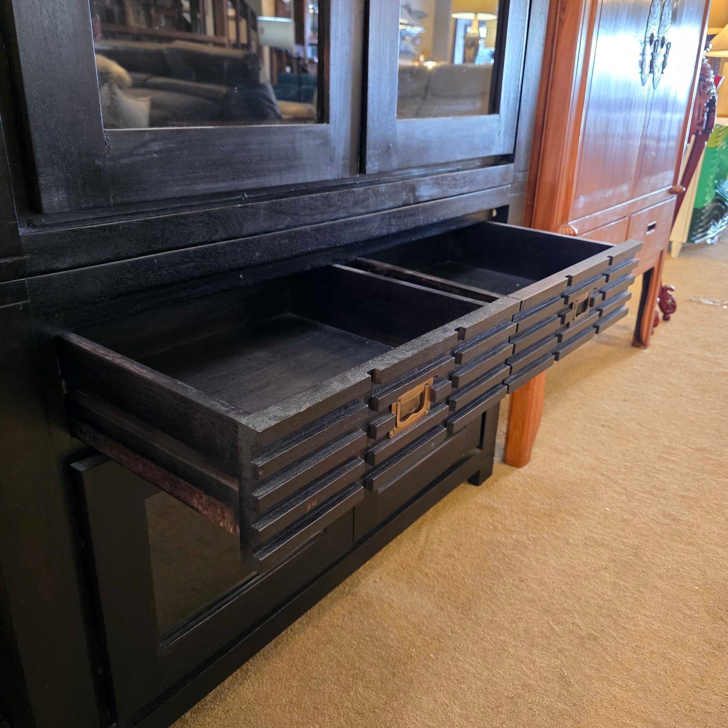 Dark Wood Slatted Drawer and Glass Door Hutch